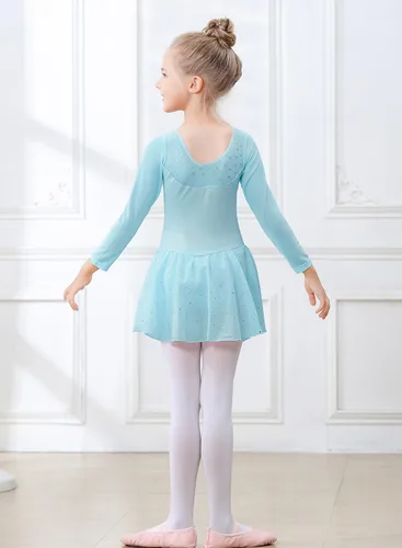 Miniatura 31 de EQSJIU Leotardo de baile de manga larga para niñas, vestido de ballet brillante con copo de nieve, tutú con falda tutú para niñas