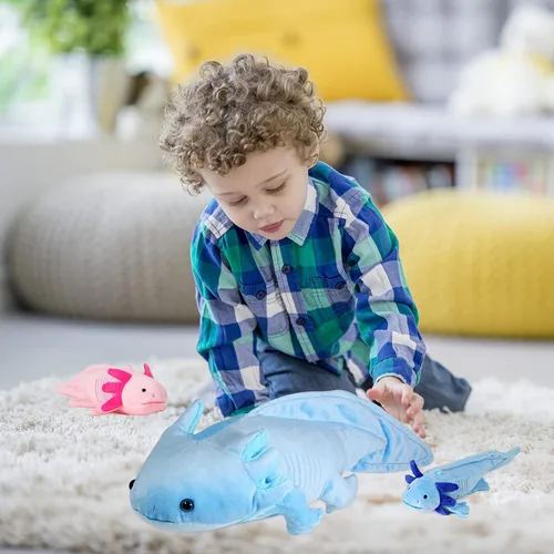 Miniatura 6 de Peluche de ajolote azul con 2 pequeños animales de peluche de ajolote, juego de 3 piezas de animales de peluche suaves con cremalleras, mamá axolote