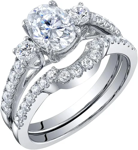 Peora Moissanite - Anillo de compromiso y alianza de boda de corte ovalado en plata de ley, centro de 1,50 quilates, color DE, claridad VVS, tallas