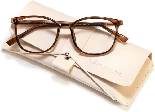 Miniatura 2 de FONHCOO - Lentes con bloqueo de luz azul de moda, redondos, TR90, transparentes, gafas anti UV para computadora para mujeres y hombres Marrón oscuro