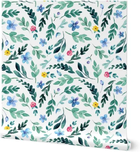 Spoonflower Muestra de papel tapiz extraíble - Flor jardín acuarela florece azul amarillo rosa delicado botánico personalizado pre-pegado papel