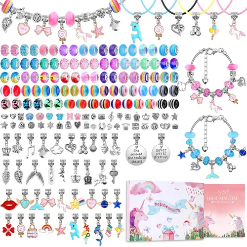 Kit de 180 piezas para hacer pulseras con dijes para niñas, conjunto de regalos de manualidades de unicornio y sirena, kit de pulseras con dijes,