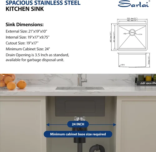 Miniatura 7 de Sarlai Fregadero de cocina de montaje inferior 21 x 19 pulgadas, repisa de fregadero de barra de montaje inferior, estación de trabajo, cuenco Acero