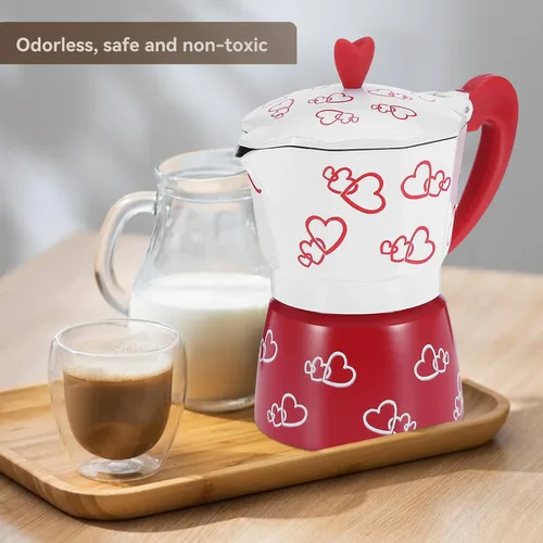 Miniatura 5 de HERCHR Red Heart - Olla de aluminio para moka, cafetera de café expreso con mango ergonómico antideslizante para verter sobre la cafetera
