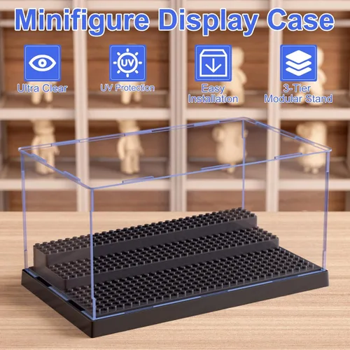 Miniatura 2 de Paquete de 2 minifiguras para bloques de figuras de acción, caja de exhibición de acrílico transparente a prueba de polvo con 3 escalones móviles