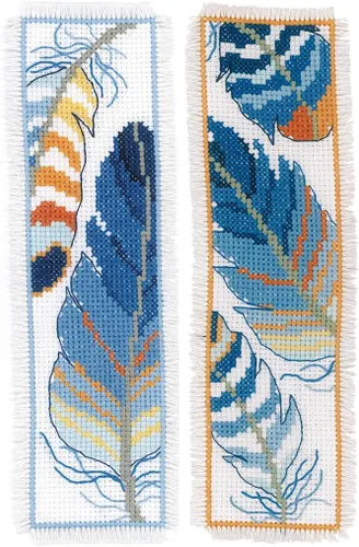 Vervaco Juego de marcapáginas de punto de cruz con plumas azules (juego de 2) de 2.4 x 8 pulgadas