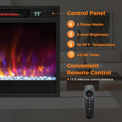 Miniatura 6 de SIMOE Insertos de chimenea eléctrica de 23 pulgadas, calentador de chimenea empotrado de 1500 W con control remoto, 6 colores de llama y 5 brillo