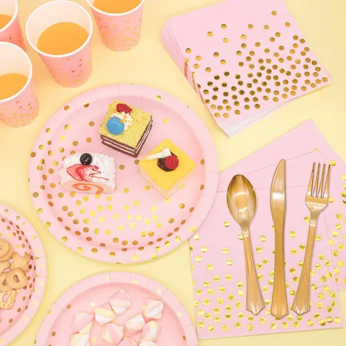Miniatura 5 de Suministros de fiesta rosa y dorado, juego de vajilla desechable de 350 piezas con platos de papel rosa, servilletas, vasos, juego de cubiertos