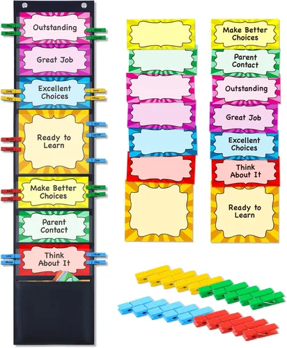 Miniatura 8 de Tabla de comportamiento para la gestión del aula con clips y bolsillos, sistema de recompensa para estudiantes para niños, herramientas
