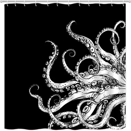 Miniatura 13 de Cortina de ducha de tentáculo de pulpo, diseño de kraken de océano blanco y negro, divertido animal náutico, vida marina, fresco, moderno, único