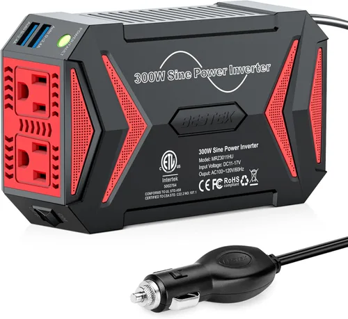 BESTEK Inversor de corriente de onda sinusoidal pura – 300 W enchufe de coche en la salida del cargador DC 12 V a 110 V CA – Adaptador de encendedor