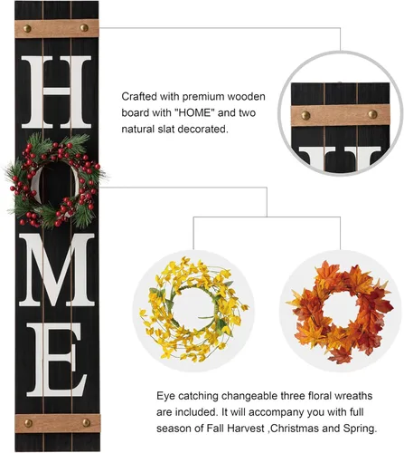 Miniatura 3 de Glitzhome - Letrero con palabra en inglés «Welcome» para puerta delantera, porche, rústico, de madera, con 3 coronas de flores intercambiables