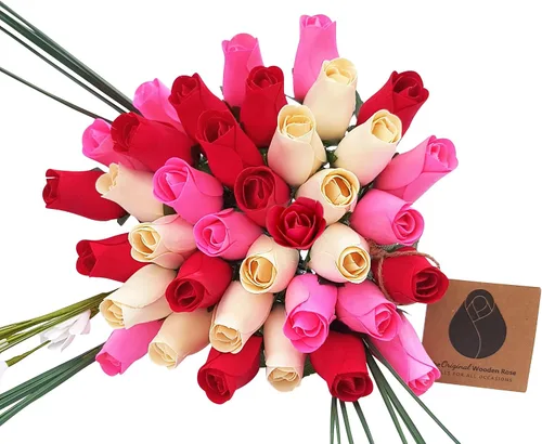 Miniatura 19 de Ramos originales de rosas de madera en 1, 2, o 3 docenas, Madera de abedul, Todo rojo, 1 Docena