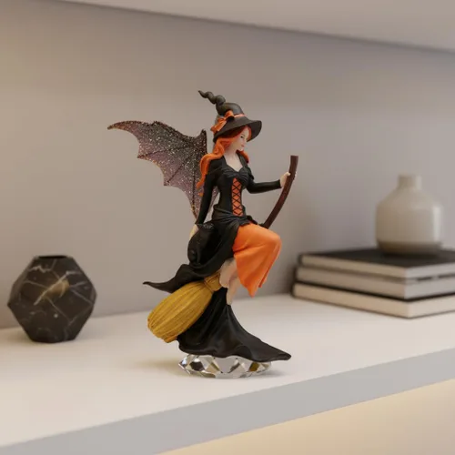 Miniatura 6 de Comfy Hour Figura gótica de bruja de hadas de 8 pulgadas en escoba, estatua de hechicera de fantasía con alas místicas, acento espeluznante