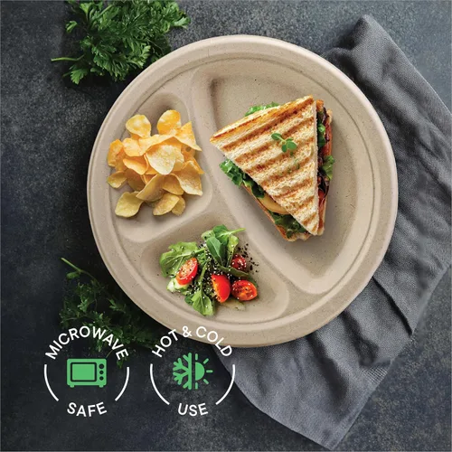 Miniatura 3 de Platos de papel desechables 100% compostables, 3 compartimentos, [125 unidades] - {Sin PFAS} - {Certificado BPA} - [9 pulgadas] Bandejas seccionales