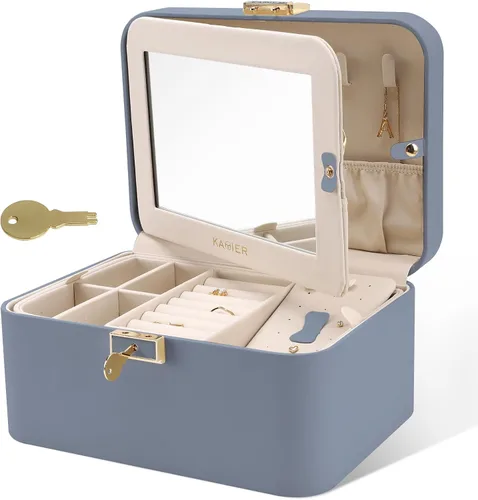 KAMIER Caja organizadora de joyas, 2 capas de piel sintética, gran capacidad, doble cerradura y espejo grande, ganchos ocultos para collares,