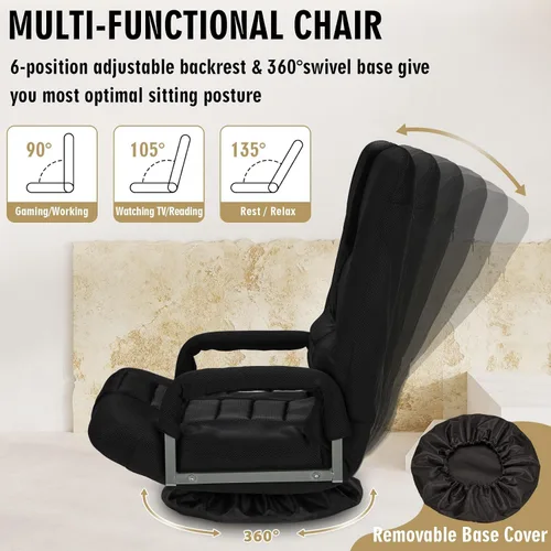 Miniatura 4 de Silla de juegos giratoria de piso con reposabrazos, sofá reclinable plegable de video con 6 posiciones ajustables, respaldo acolchado y cojín, sofá