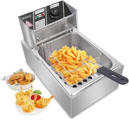 Winado Freidora eléctrica de capacidad de 10 cuartos de galón con cestas y tapas, freidora de control de temperatura de acero inoxidable de 10 L,