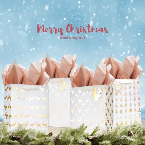 Miniatura 2 de UNIQOOO 12 bolsas de regalo de Navidad doradas metálicas a granel con etiqueta, grandes de 12.5 x 10.5 pulgadas, copos de nieve surtidos, renos