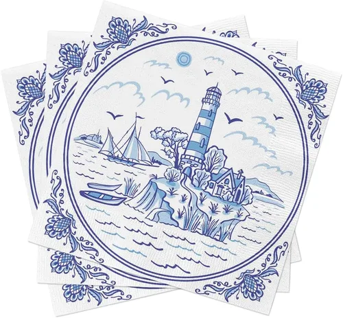 Miniatura 4 de Servilletas náuticas AZUL LIGHTHOUSE TILE 40pcs Servilletas de cóctel azul y blanco, papel de decoupage costero