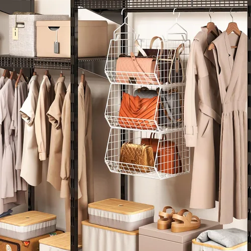 Miniatura 8 de X-cosrack Organizador de armario plegable de 3 niveles, estantes de ropa con 5 ganchos en S, para montaje en pared y armario de alambre para Blanco