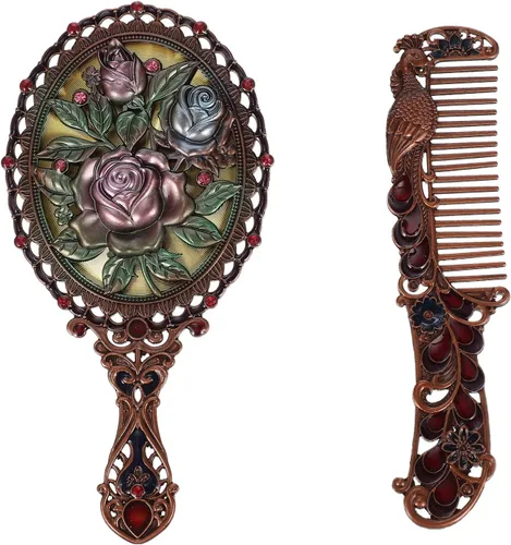 Beaupretty Espejo de ducha de mano, juego de peine único, espejo de mano vintage, plegable, antiguo, juego de peine de maquillaje con peine para