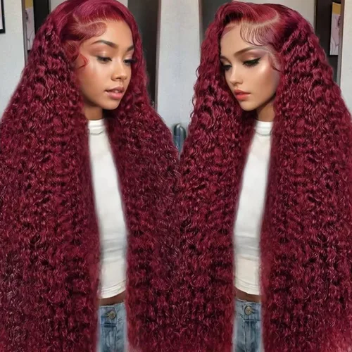 Miniatura 26 de Nsvnsv Peluca de cabello humano burdeos 99j borgoña de 13 x 6 pulgadas, pelucas de encaje frontal transparente HD de cabello humano prearrancado