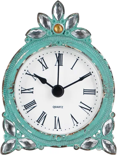 NIKKY HOME - Reloj de mesa mini de cuarzo peltre vintage con cristal brillante de strass, 2.87 x 1.37 x 3.87 pulgadas, Aqua