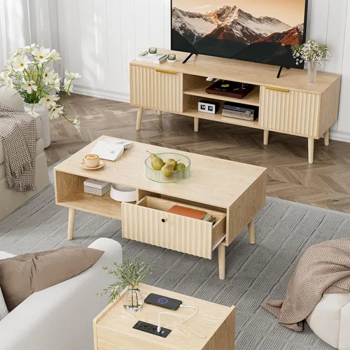 Miniatura 4 de LCRBOL Mesa de café con almacenamiento, Mesa de comedor bohemia con cajón acanalado y patas de madera maciza, Mesas de café pequeñas para sala