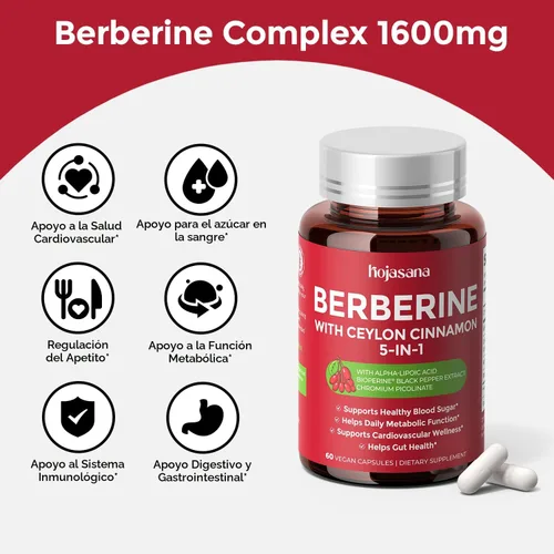 Miniatura 2 de Complejo de berberina 5 en 1 de 500 mg con extracto de canela de Ceilán, cromo, ALA y pimienta negra, apoyo al sistema inmunológico* y bienestar
