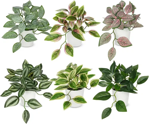 Miniatura 12 de Hollyone Plantas falsas, 2 paquetes de plantas artificiales de interior con maceta de plástico blanco, pequeña planta falsa en maceta para el hogar