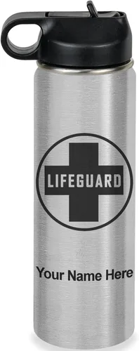 Miniatura 47 de LaserGram Botella de agua personalizada, salvavidas, acero inoxidable de doble pared aislada al vacío con popote superior, regalo grabado Negro