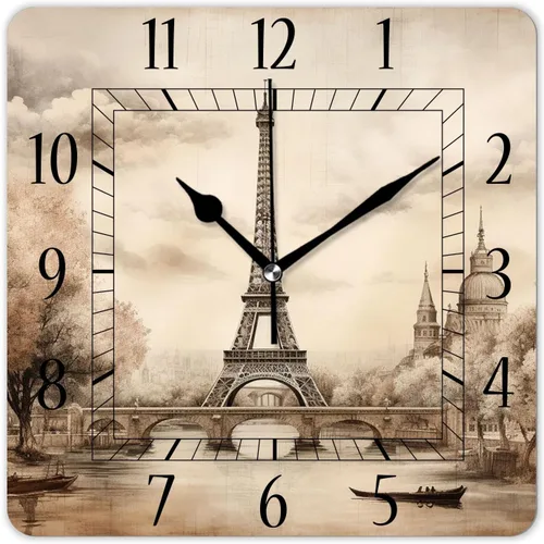 Reloj de pared decorativo de 10 pulgadas, silencioso, cuadrado, para el hogar, sala de estar, cocina, torre Eiffel, retro, París, exquisito A0591