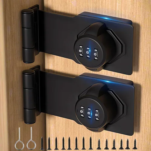 Miniatura 10 de Cerradura y pestillos para puerta corrediza de granero de 90 grados – Cerraduras rotativas con contraseña de gabinete para armario, cobertizo, Negro