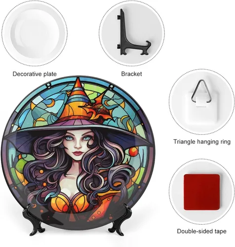 Miniatura 3 de Platos decorativos de bruja con sombrero naranja para decoración del hogar de Halloween, platos de cerámica con diseño de vitrales para sala