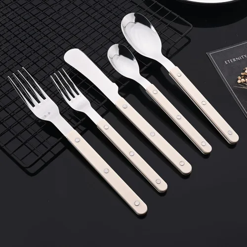 Miniatura 6 de JASHII Juego de cubiertos de 20 piezas de acero inoxidable con remache, juego de cubiertos retro, cuchillo, tenedor, cuchara, servicio para 4 Mango
