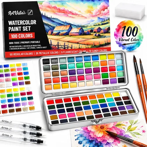 Miniatura 8 de Juego de pintura de acuarela premium con 100 colores brillantes y bloc de papel para principiantes y profesionales - Kit de pintura y suministros