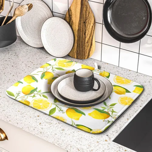 Miniatura 5 de Tapete de secado de platos de limón para encimera de cocina, de 16 x 18 pulgadas, tapete de secado de microfibra pequeña con acuarela, limón