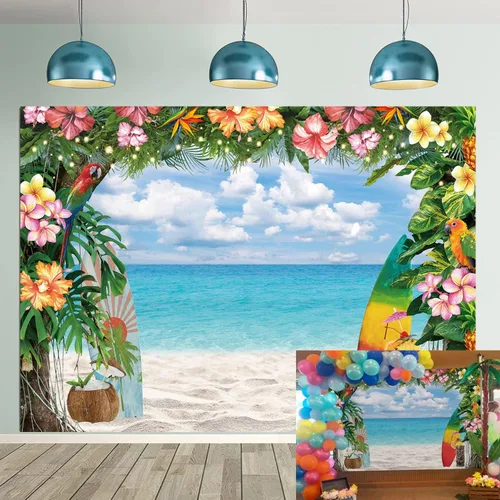 Miniatura 8 de Fondo de playa hawaiana para verano, flores tropicales, fondo de fotografía Luau, tabla de surf, cielo azul, hojas de palma, Aloha, decoraciones
