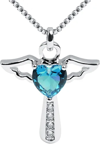 Ckysee Angel Birthstone Necklaces Heart Cross Necklace for Girls Kids Women Cubic Zirconia Angel Wing Birthstone Heart Charm Pendant Necklace Gifts