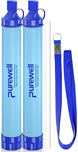Purewell - Filtro de agua al aire libre de filtración de agua personal; purificador de agua con mecanismo de urgencia con pajilla para supervivencia