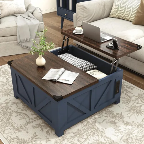 Miniatura 14 de Jimeimmen - Mesa de centro elevada de granja con almacenamiento, mesa cuadrada de centro de madera con estación de carga y puerto USB, mesa de sala