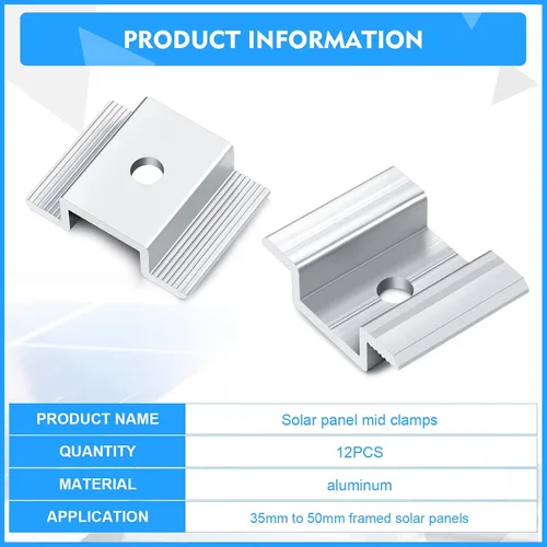 Miniatura 7 de Paquete de 12 abrazaderas centrales para panel solar de 1.06 pulgadas, accesorios de montaje de aluminio, abrazadera media solar de aluminio