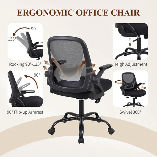 Miniatura 6 de Silla de escritorio para computadora de oficina en casa, silla de trabajo ergonómica de malla de altura ajustable con ruedas, cojín grueso, Negro