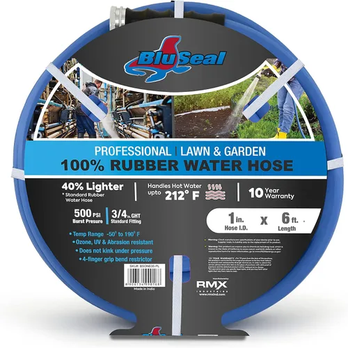 BluSeal - Manguera de jardín de goma para agua caliente/fría, 100% goma, ultraligera, súper fuerte, 500 PSI, 50F a 190F grados, poliéster trenzado