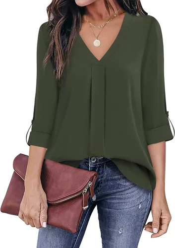 Miniatura 2 de Youtalia Blusas para mujer, elegantes, informales, de negocios, manga 3/4, de gasa, cuello en V, camisas de trabajo y oficina