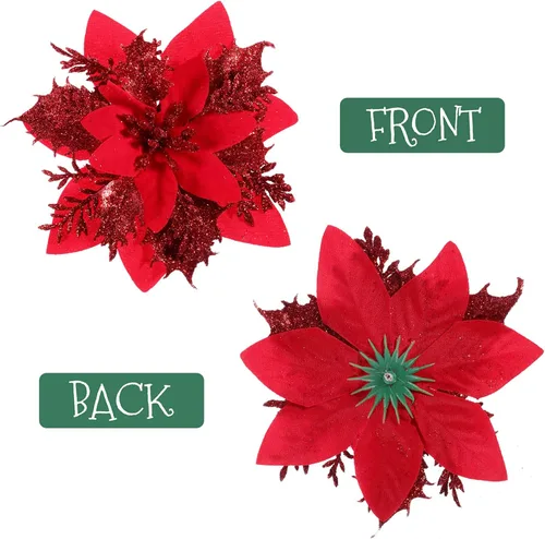 Miniatura 4 de Toyvian Flores de pascua artificiales con purpurina navideña, 12 adornos de flores para árbol de Navidad, decoración de fiesta de Navidad con 12 Rojo