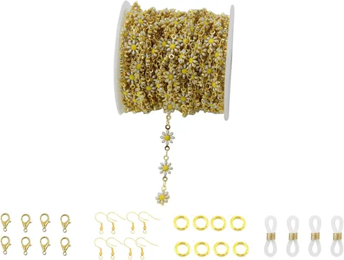 Cadena de eslabones de girasol esmaltada hecha a mano con fornituras de latón chapado en oro para hacer joyas, máscara de vidrio, zapatos, Cc02