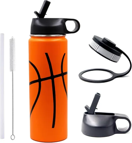 Miniatura 24 de Botella de agua de baloncesto de 12 onzas, botella de agua deportiva aislada al vacío de acero inoxidable con popote y 2 tapas, botella de agua