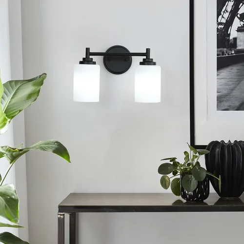 Miniatura 6 de Lámpara de baño negra mate, 2 luces para tocador de baño con pantalla de vidrio esmerilado blanco, modernos apliques de pared para dormitorio